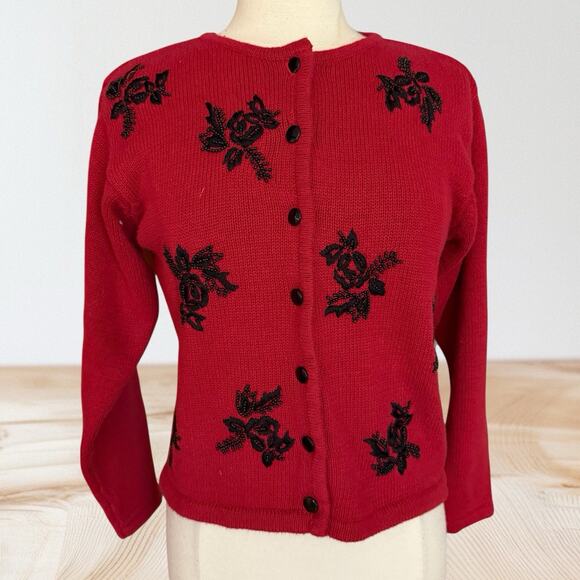 Vintage Lise J Cardigan Sweater Sz S Cardinal Red Black Embroidery and Beading - Picture 4 of 9